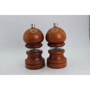 Vintage Wood Salt & Pepper Shakers / Mills with Stainless Steel Tops – 5” Pair